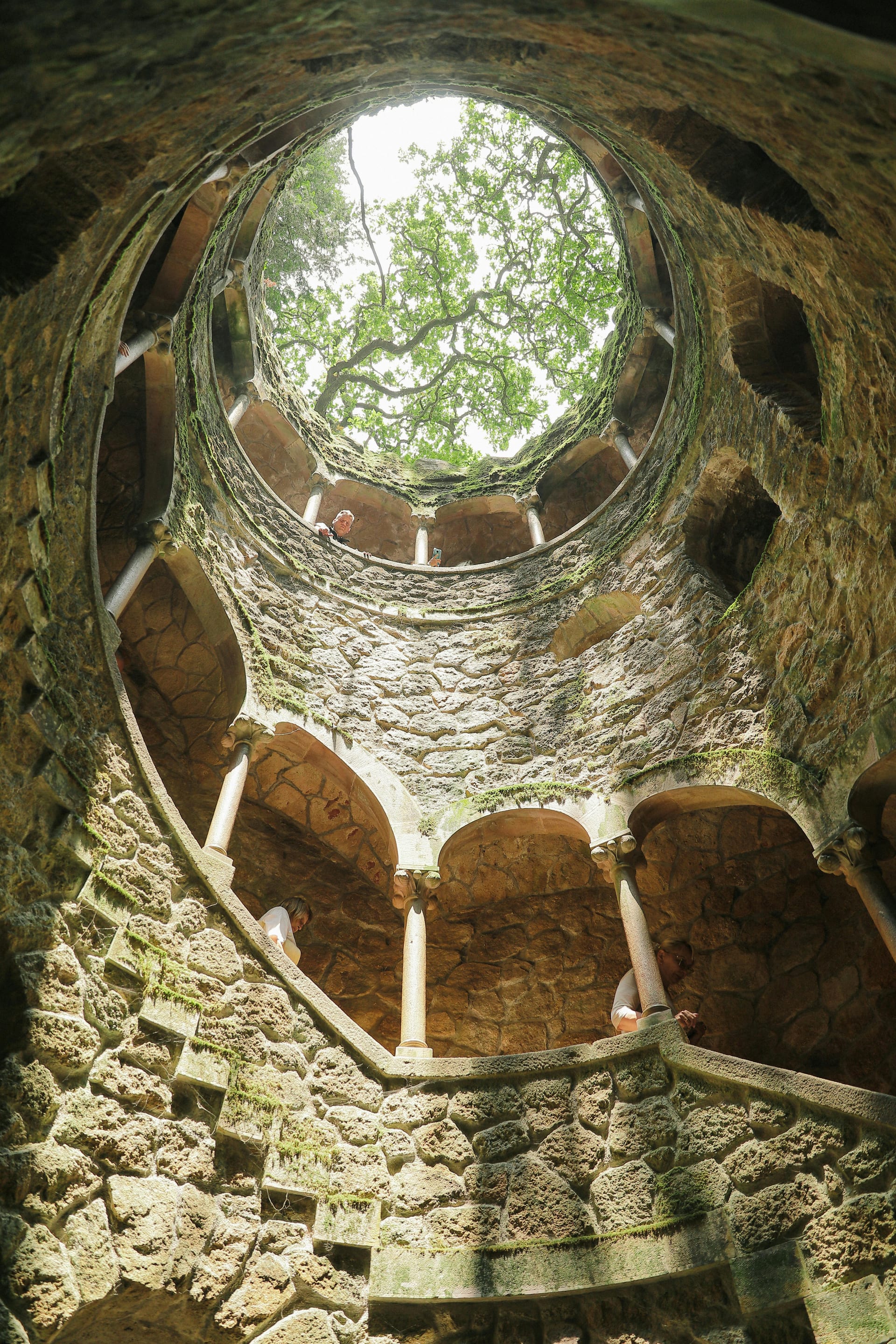 The initiation well at Quinta da Regaleira, a stone spiral staircase descending into the earth.